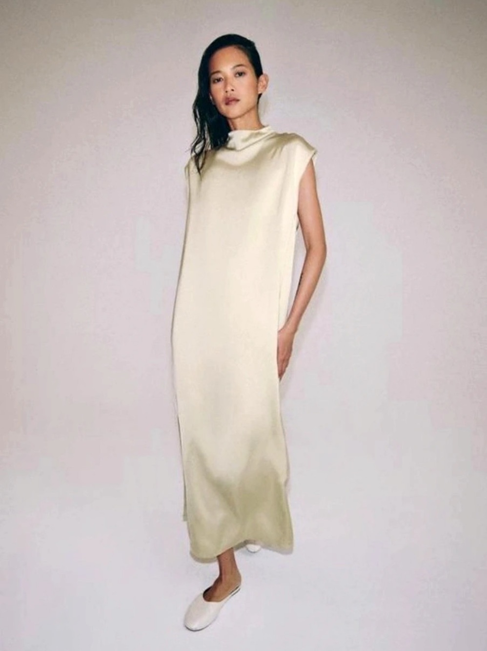 Zara Satin Effect Fireman Clasp Dress ZW Collection Cream